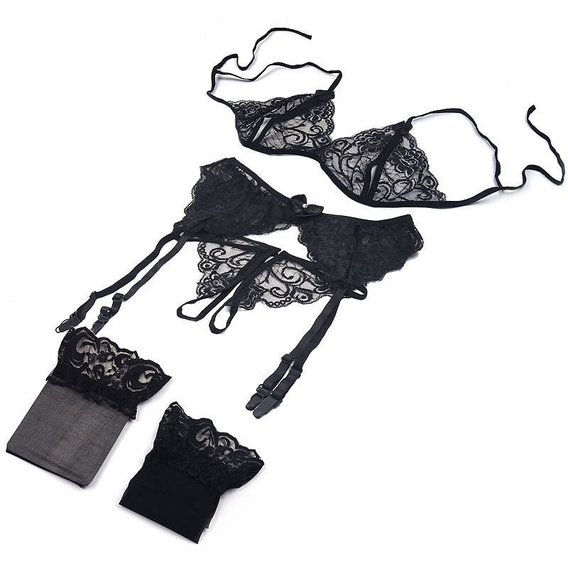 Sheer Mesh Bra - 1 ชุด ชุดชั้นในลูกไม้สำหรับผู้หญิง, บราแบบเปิดด้านข้าง, กางเกงในแบบมีสายรัด &