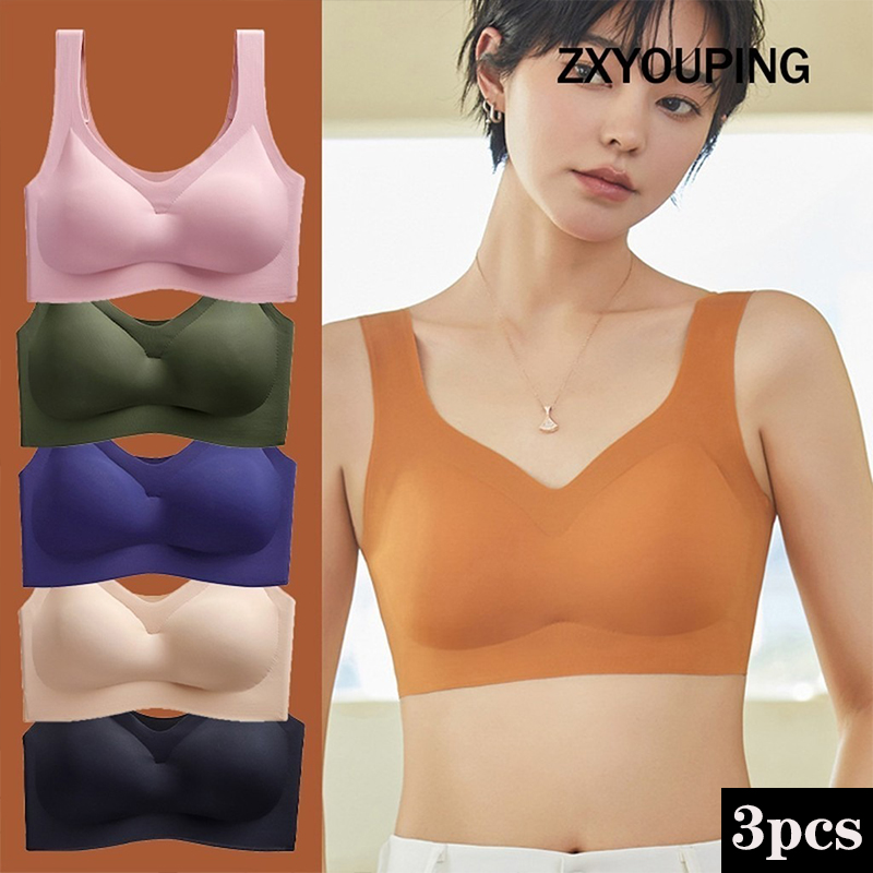 Underwire Bra Padded - สปอร์ตบราเซ็กซี่3ชิ้นพร้อมแผ่นรองที่นุ่มสบายไม่มีห่วงเหล็ก M-XXL ดันทรงใส่นอนขนาดพิเศษ